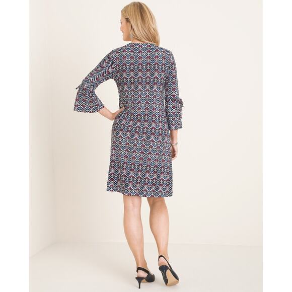 Chico's Dress‎ M Petite 1P MP Printed 3/4 Sleeve Detail Trapeze V-Neck Blue Pink - Picture 2 of 9